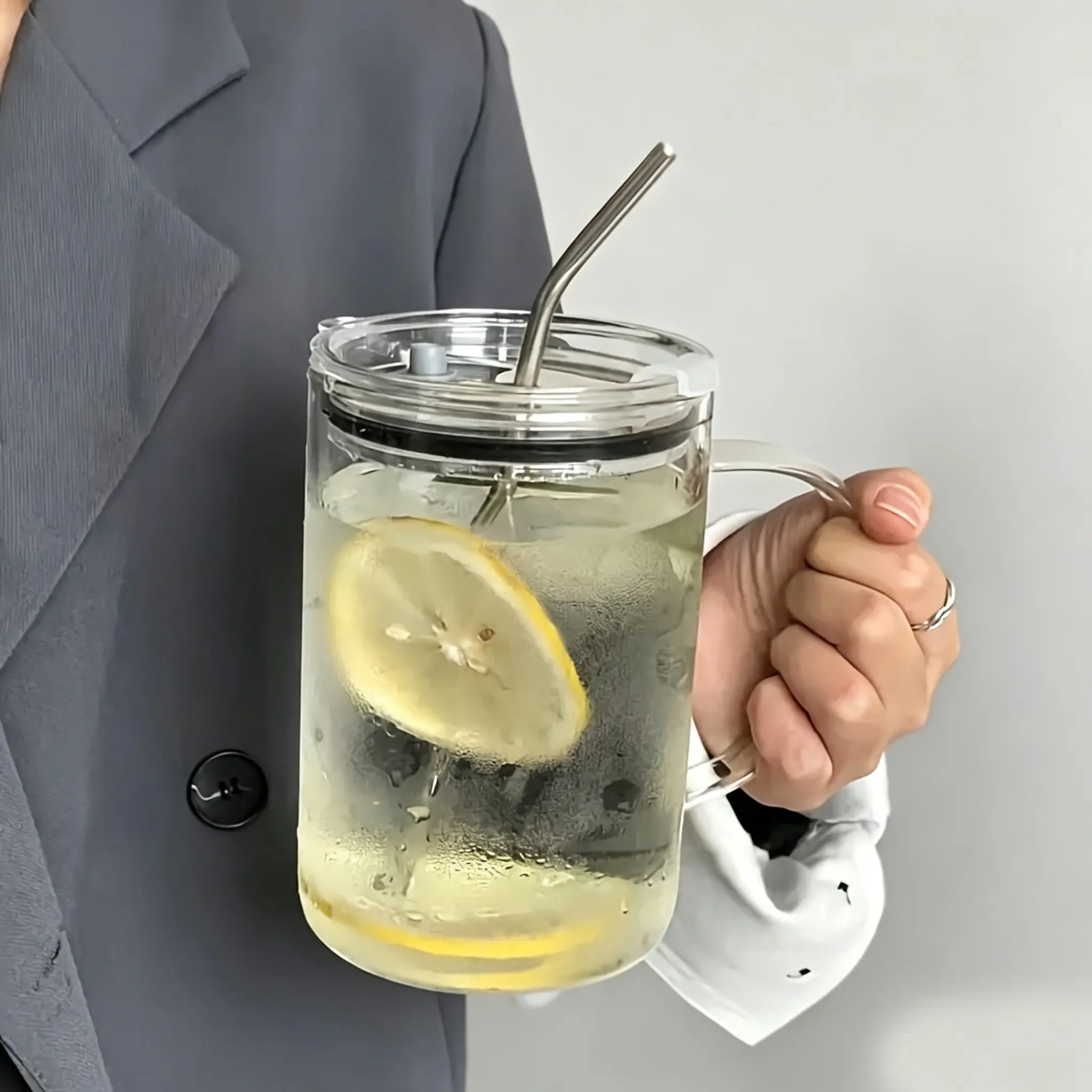 High Borosilicate Glass Cup, Heat Resistant 1000ML 33.8oz, Transparent Glass Mug with Lid and Straw, Tea Coffee Milk Cup, Glass Cups with Lids, Drinkware, Clear Cups with Lids and Straws