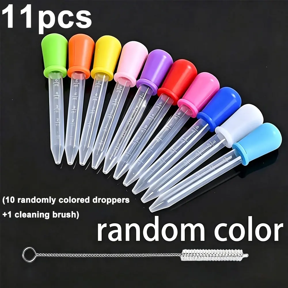 11-Piece Silicone Dropper Set, Includes 10 Random Color Droppers + 1 Cleaning Brush, Easy Clean, Odorless, Ideal for Precise Measurement
