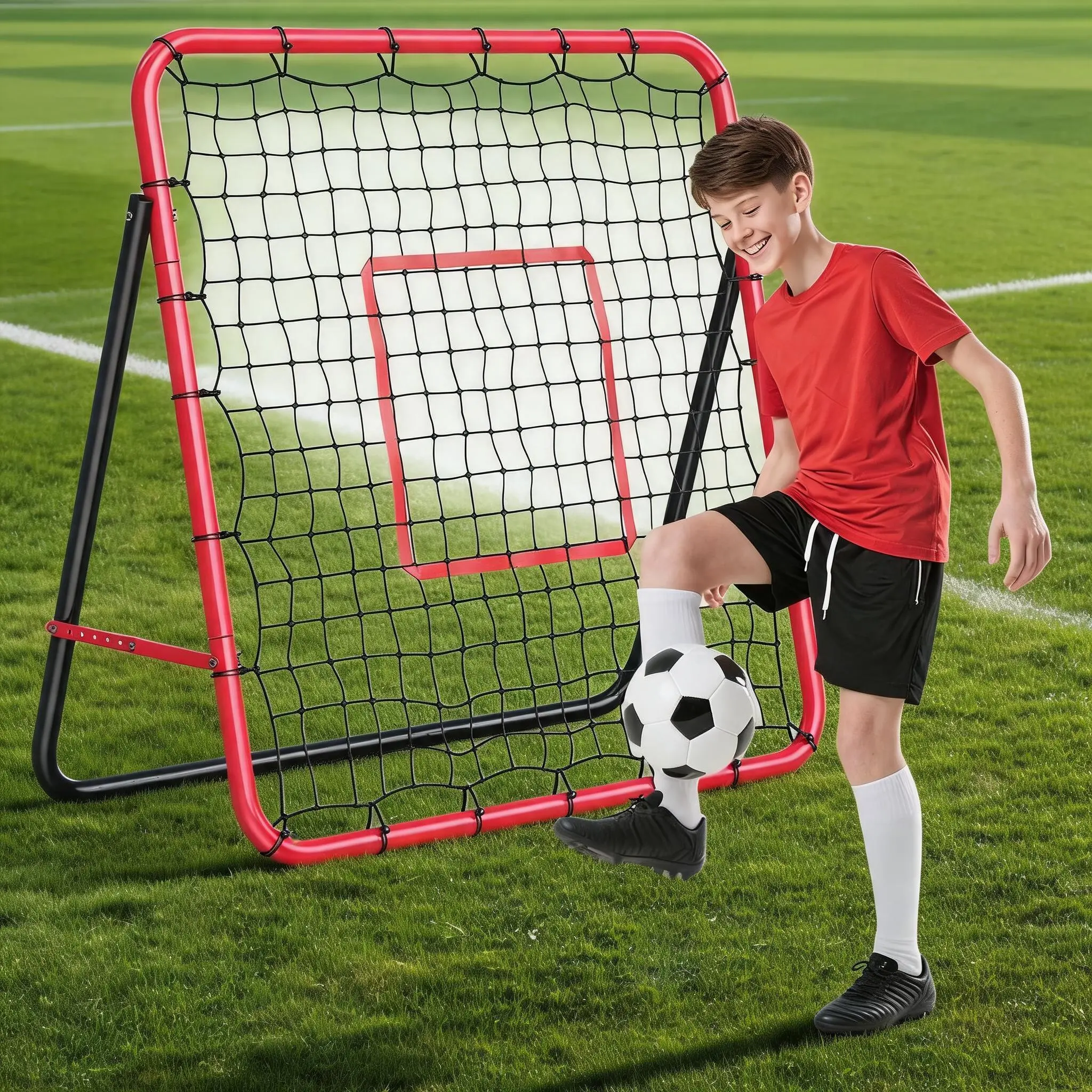 4x4 ft Double-Sided Soccer Rebounder Net, Angle Adjustable Portable Bounce Back Net for Baseball, Softball & Football, Quick Setup Sports Practice Equipment