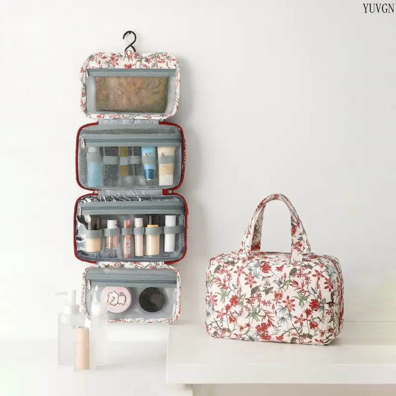 Hanging Floral Toiletry Bag, Foldable 4 Layer Travel Makeup Organizer, Hooked Cosmetic Storage Case with Carry Handle, Water Resistant Large Capacity Wash Bag, Flower Print Bathroom Shower Bag for Vacation Gym