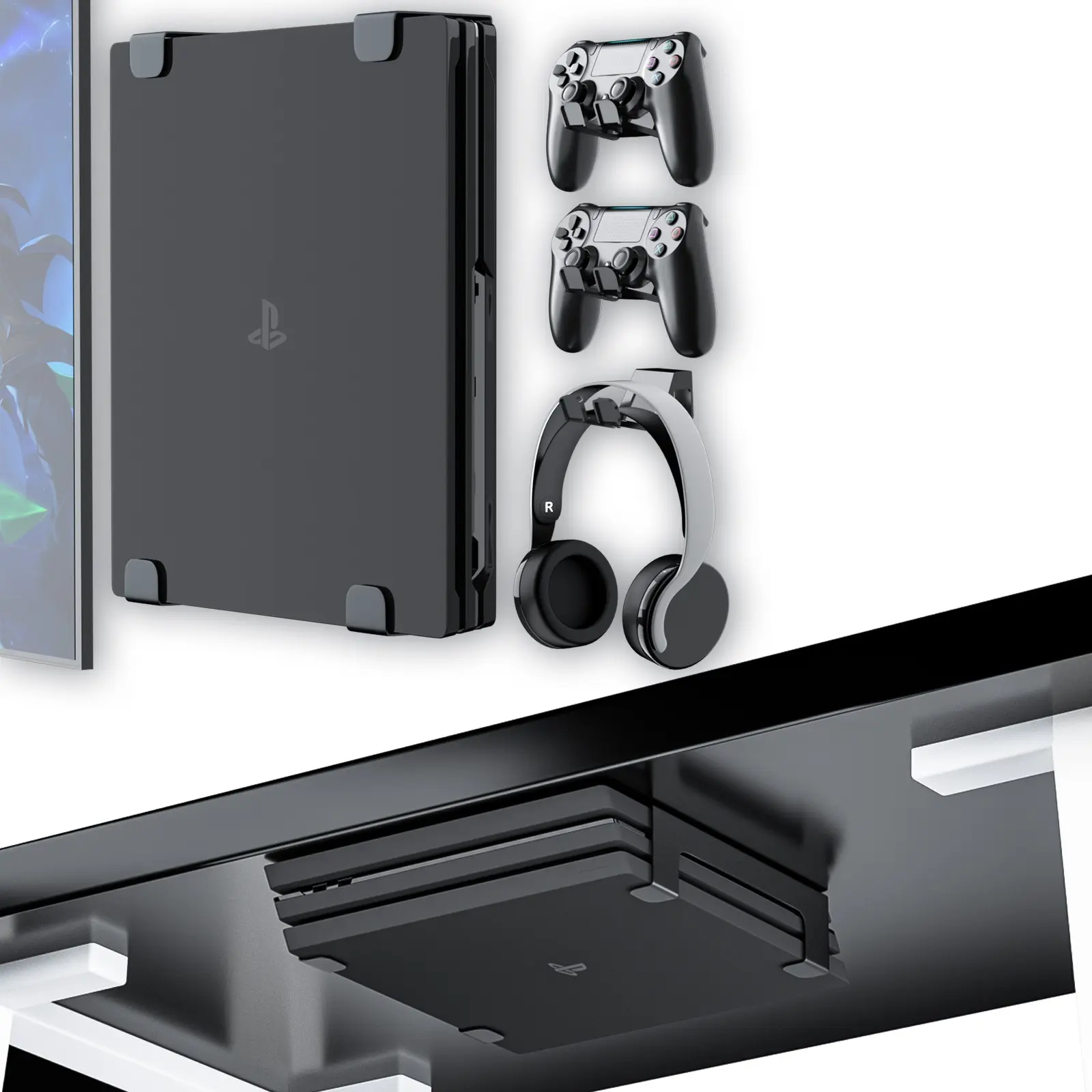 Ps4 Pro Wall Mount Stand, Under Desk Hanging Rack, Metal Invisible Storage Shelf, Cooling Console Holder, Gaming Accessories, Playstation Pro