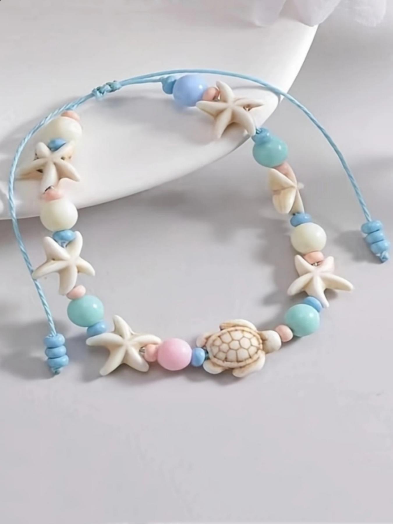 Fashionable Starfish & Turtle Design Beaded Anklet, Fashion Jewelry for Party, Daily Clothing Decor, Trendy All-match & Exquisite Jewelry for Birthday Gift