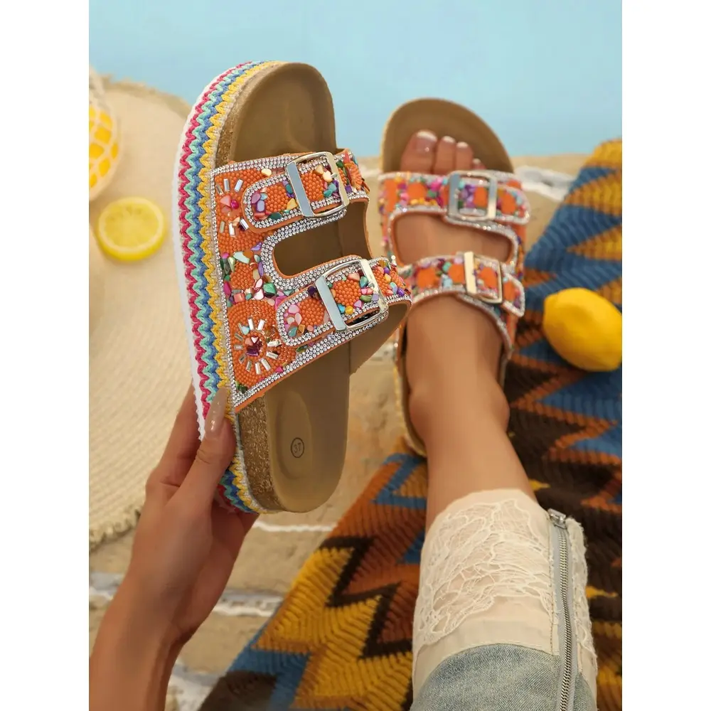 Boho Style Women's Rhinestone Beaded Thick Sole Glitter Sandals, Colorful Handmade Beaded Cork Slippers, Summer Beach Non-Slip Shoes, Size 36-43, Footwear