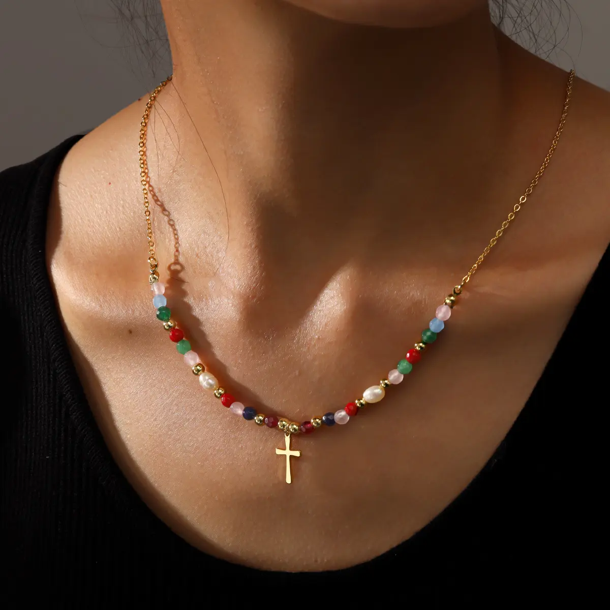 Women's Bohemian Cross Necklace - Casual Daily Wear Jewelry with Multicolored Natural Stone Beaded Chain, Adjustable Length, Copper Base, Collarbone-Focused Faith-Themed Accessory