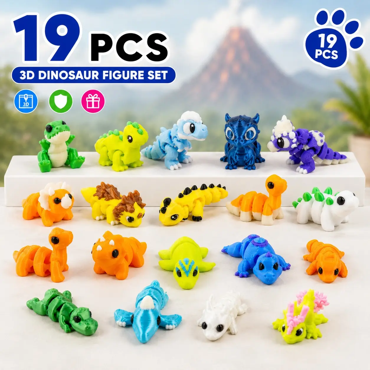 19-Piece 3D Printed Dinosaur Model Set, Multi-Jointed Dinosaur Figurines, Collectible Gifts, Desktop Decorations, Mini Figurines, Perfect for Enthusiasts