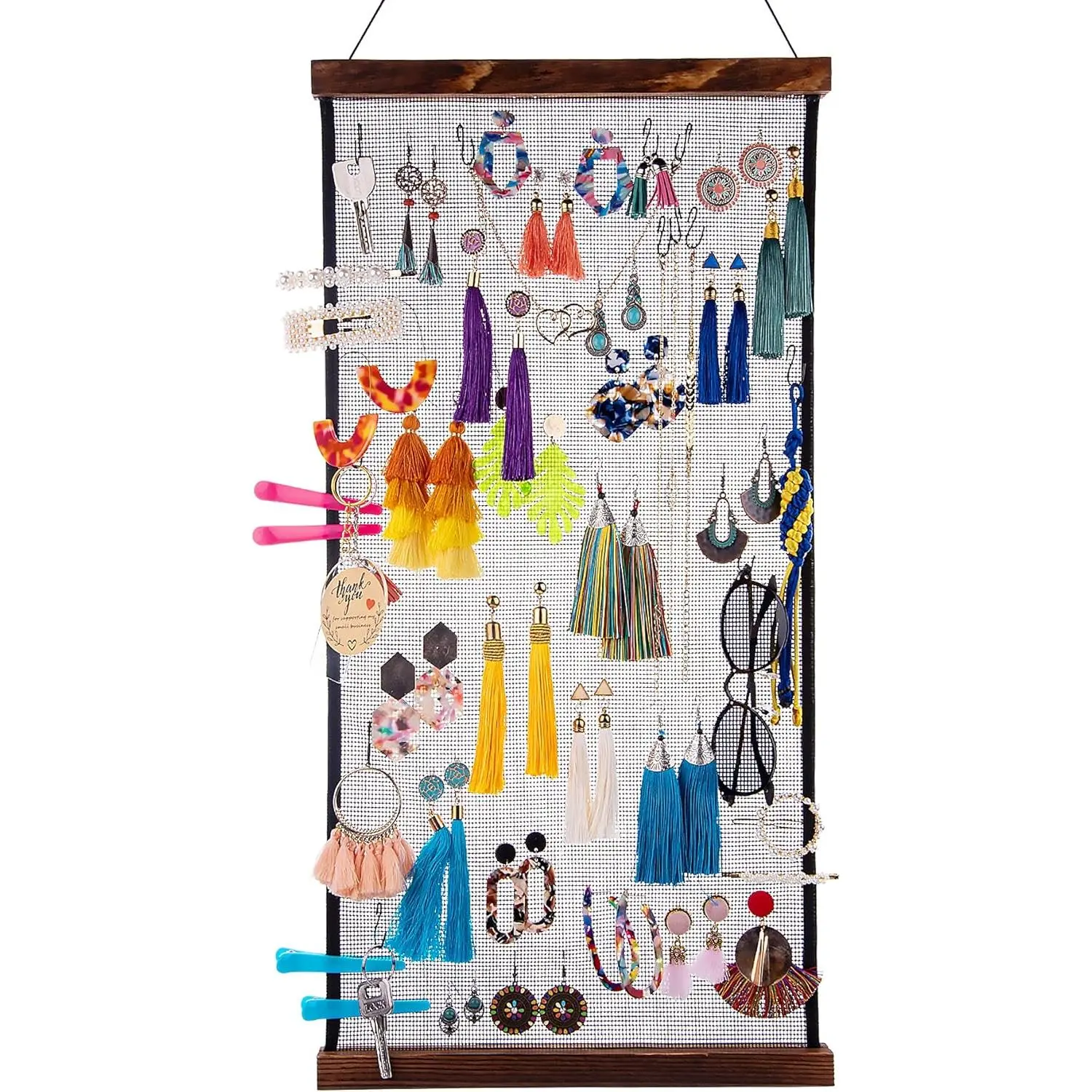 Earring Organizer Hanging Mesh Earrings Holder Wall Mounted Earring Hanging Jewelry Display Organizer with 20 Pieces S Shape Black Hooks (24 x 12 inch)