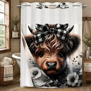 1pc 2D Flat Printing hookless shower curtain hanger liner Cute Cow with Plaid Bow and Flowers Fabric waterproof lining shower curtain with transparent window, double-layer shower curtain, 71 x 74 inches, modern home curtain decoration Bathroom