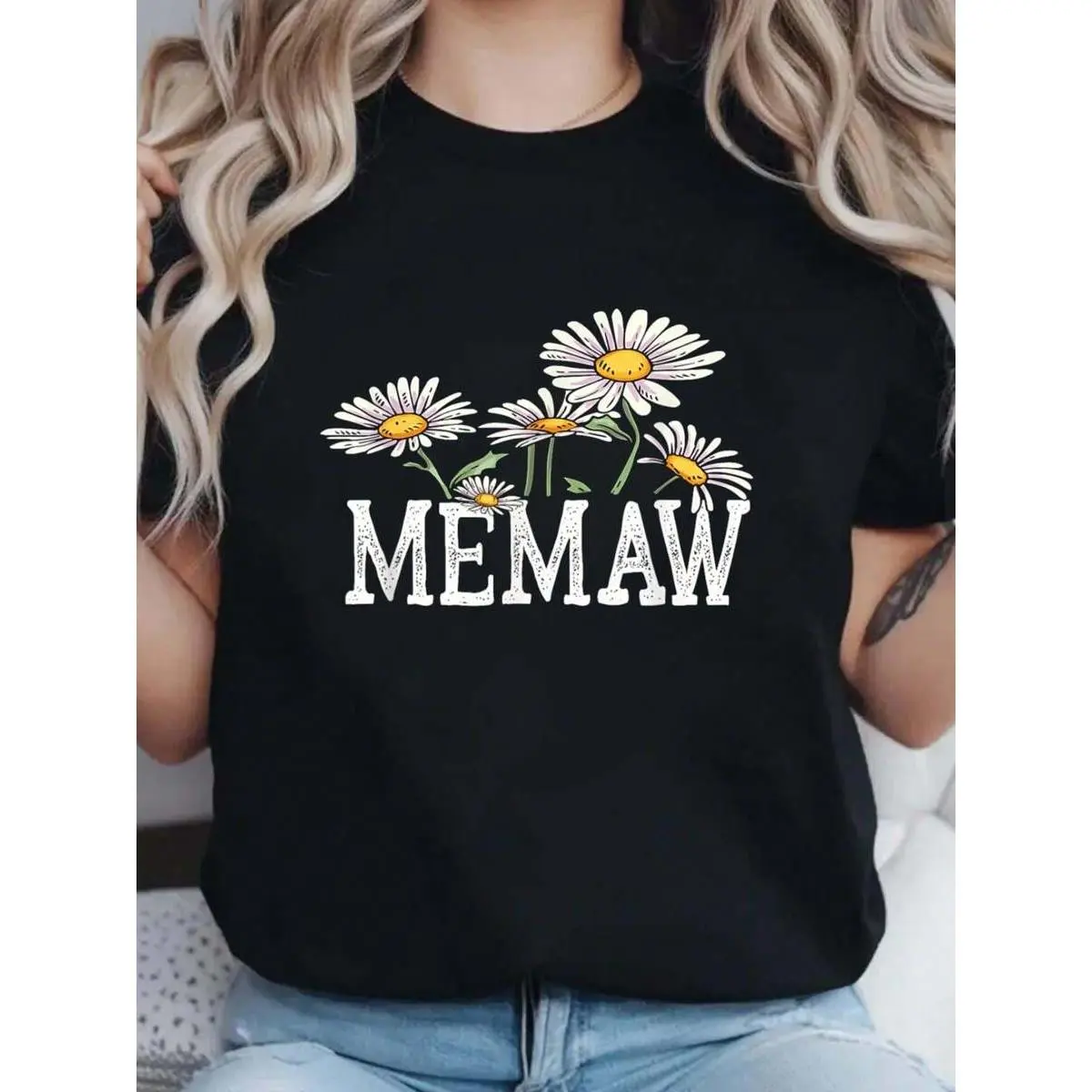 Women's Memaw Floral Graphic Print Short-Sleeve T-Shirt, 100% Cotton Crew Neck Casual Chic Top, Regular Fit Basic Fabric All-Season Mother's Day Gift, Machine Washable