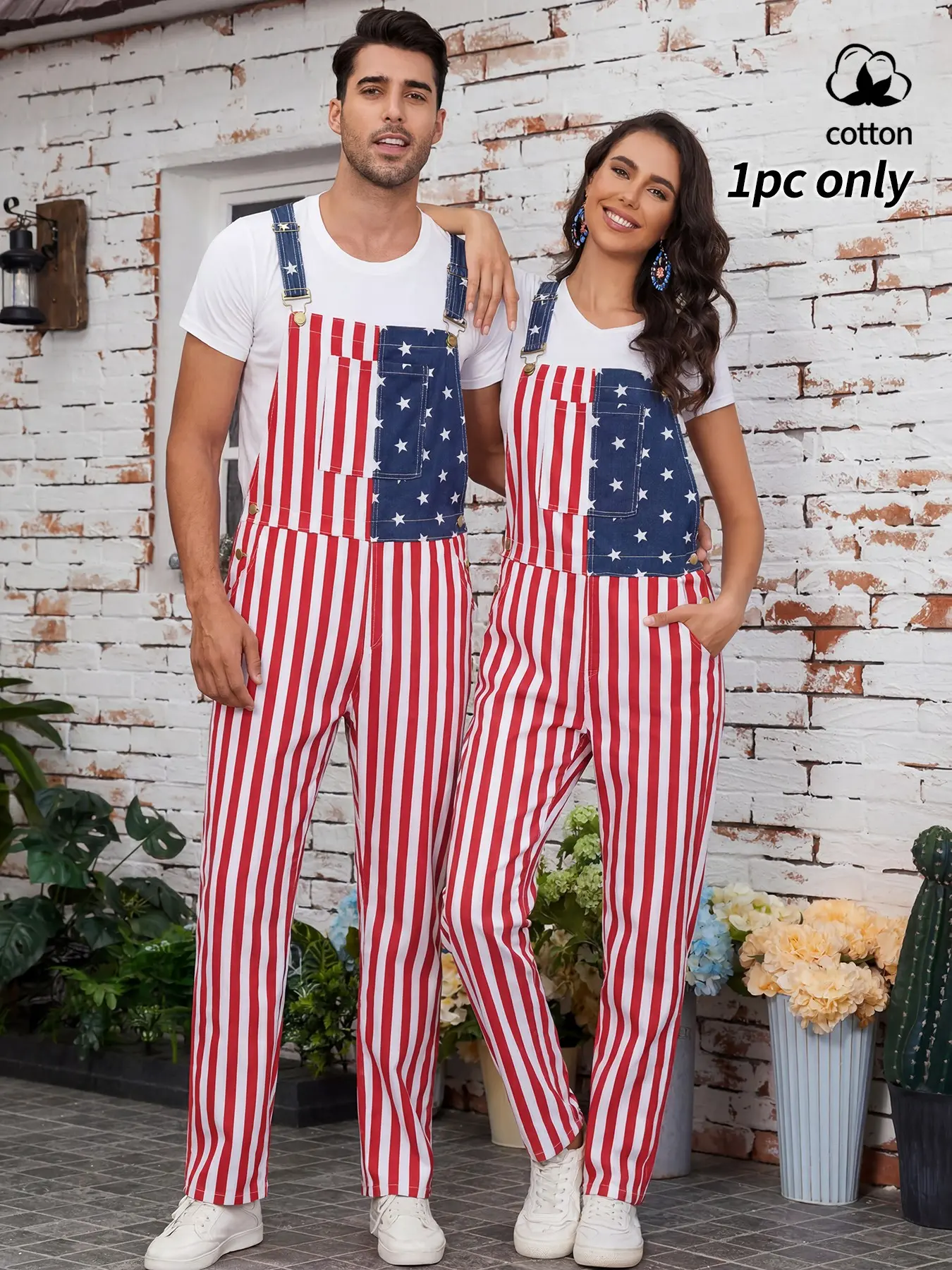 Unisex Casual USA Flag Stripe Print Overall Pants, Independence Day Themed, Gender-Neutral Style, Star-Spangled Overalls, Perfect for Daily Wear, Ideal Gift for Couples & Friends