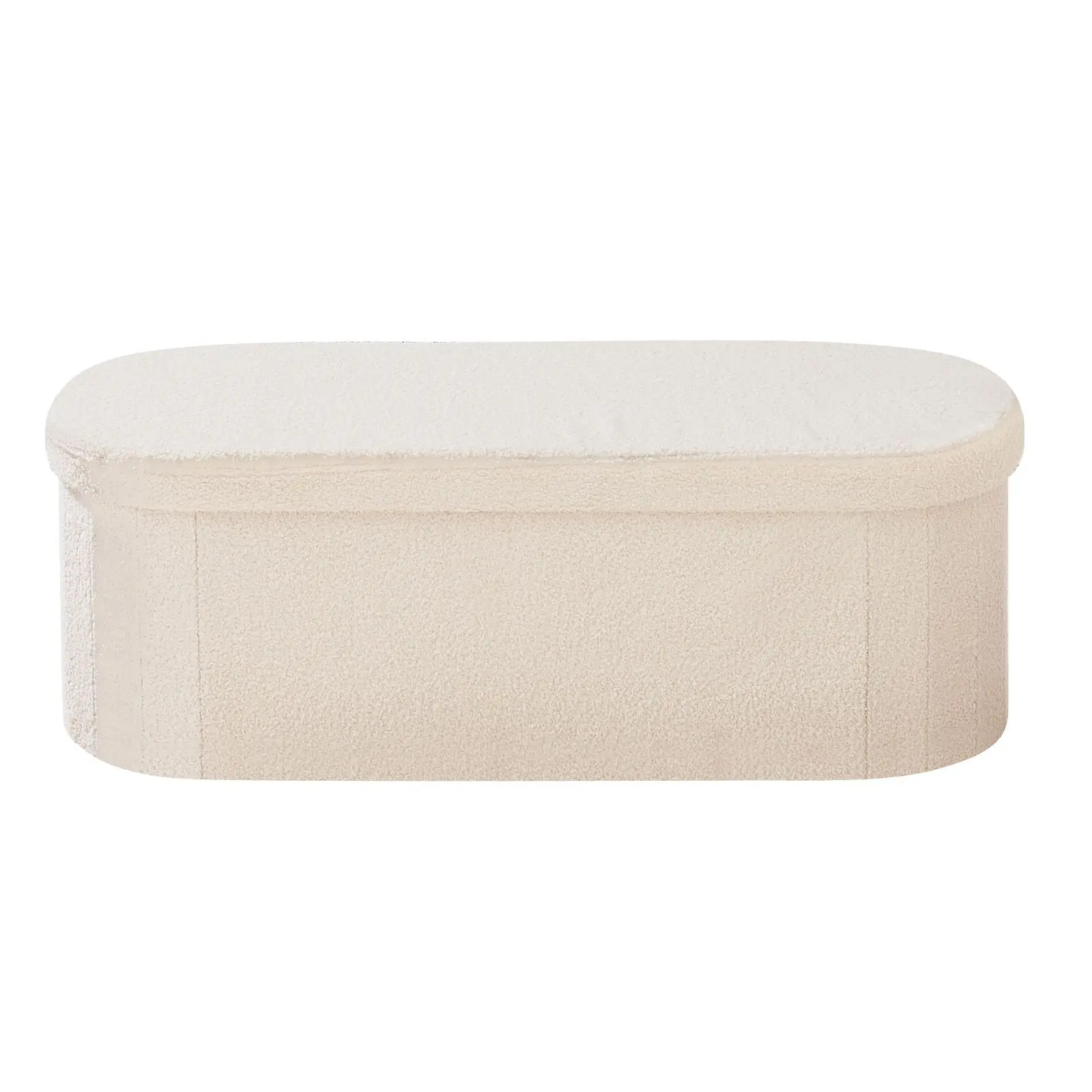 Beige Oval Foldable Teddy Fleece Upholstered Storage Ottoman Bench with Lid, Large Space Storage Chest, Supports 660 lbs, for Living Room, Bedroom, Supports 660Lbs