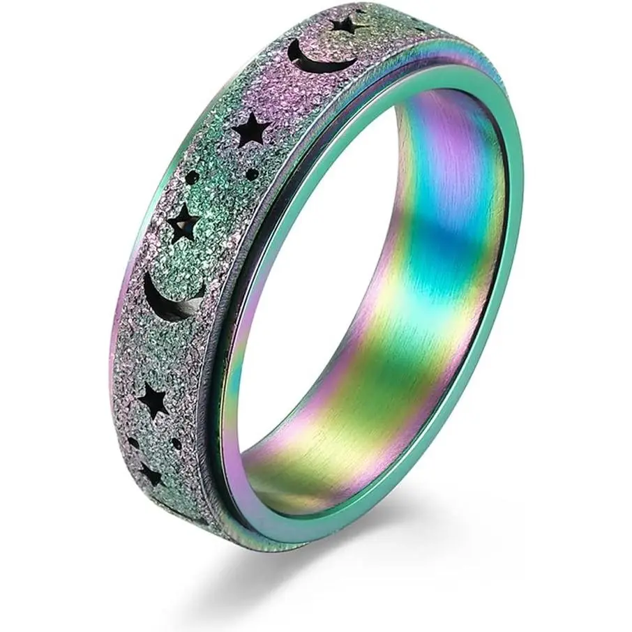 Unisex Stainless Steel Luminescent Moon-Stars Spinner Ring with Rotatable Mechanism, Fidget Stress & Anxiety Relief Baby Costume Jewelry, Sizes 4-12