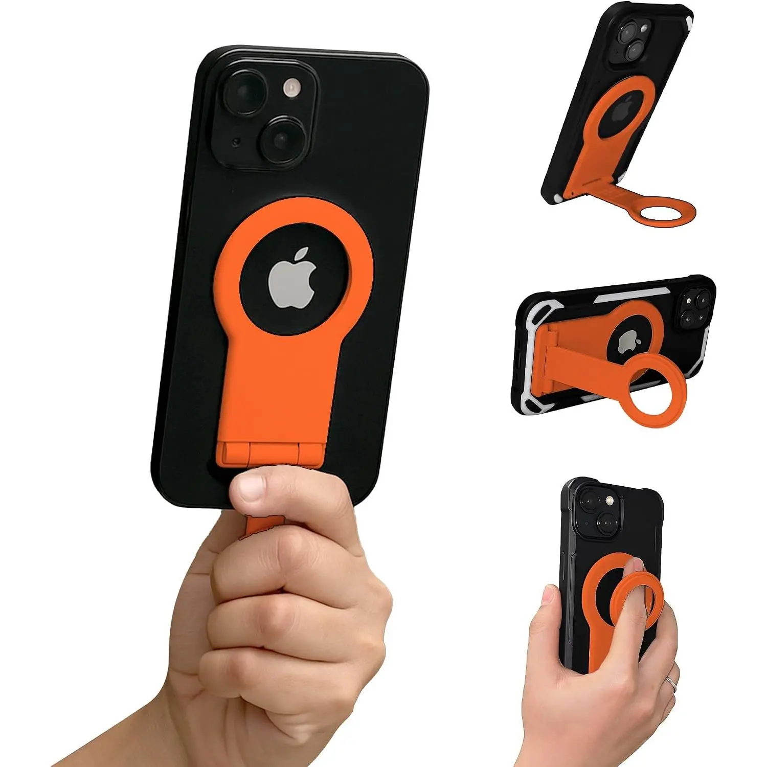 MagSafe Compatible Mobile Phone Grip & Stand Accessories for iPhone 17/16/15/14/13/12 Series - 360° Rotatable Kickstand, Adjustable Foldable Selfie Stick, Easy-Off Phone Ring Holder (Orange)