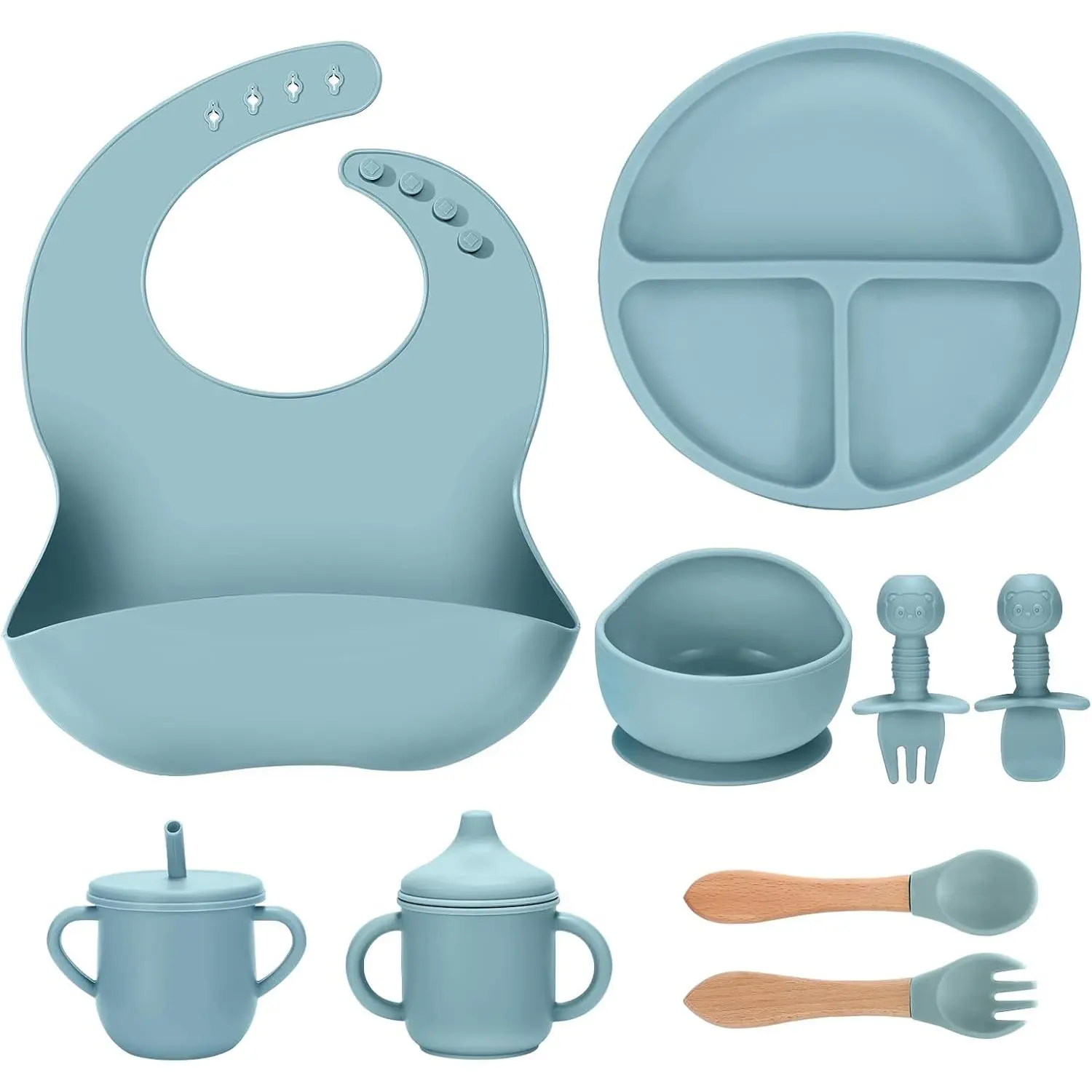9-Piece Solid Silicone Baby Feeding Set for Baby Led Weaning, Portable Kit with Suction Plate, Bowl, Bib, Spoon, Fork, and 2 Training Cups - Blue, Feeding Accessories, Unisex, Colorblock, Food Grade, Sectioned Plate, Baby Eating Utensils