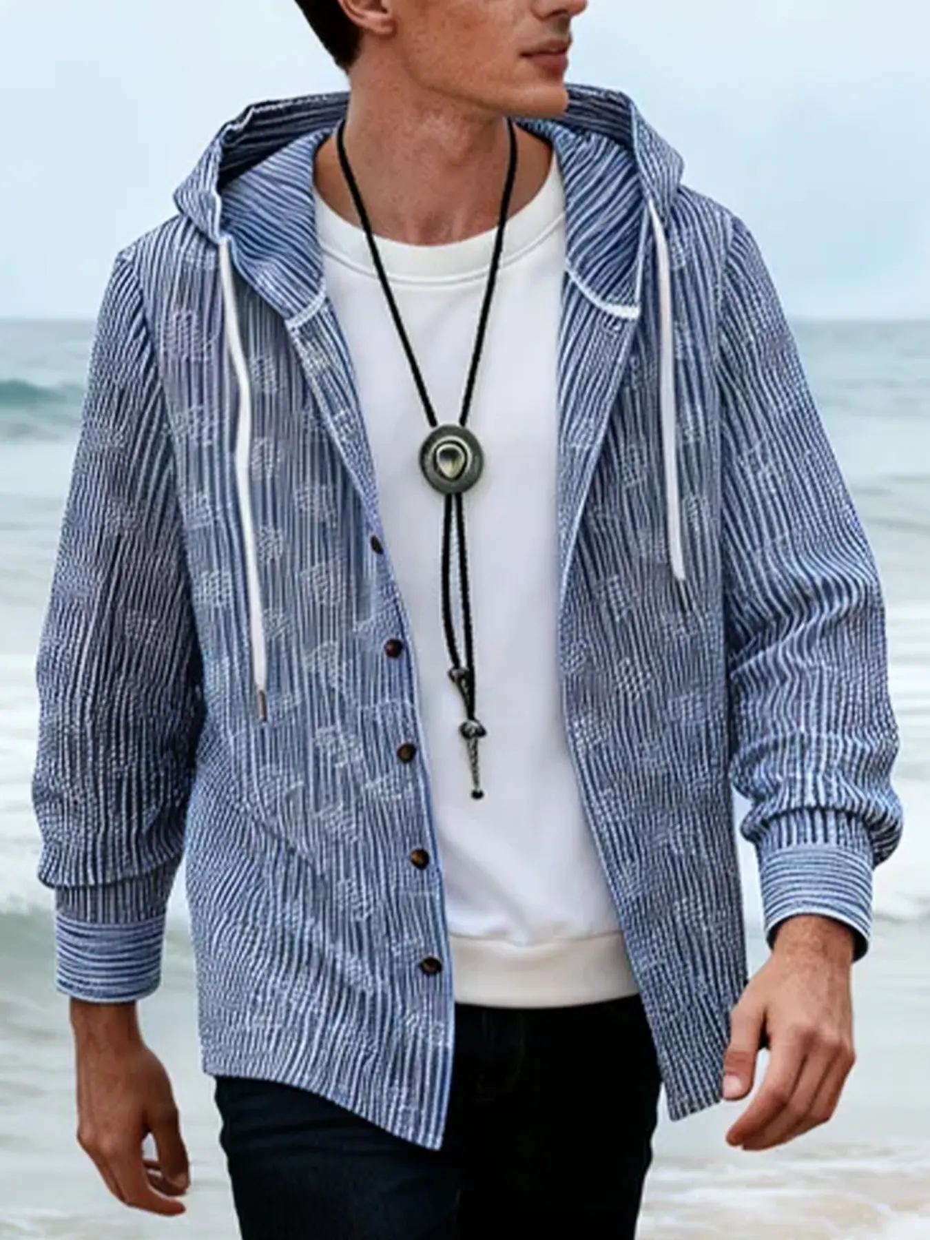 Men's Blue White Vertical Stripe Printed Hooded Button Down Shirt, Long Sleeve Adjustable Drawstring Hood Casual Overshirt, Soft Lightweight Breathable Relax Fit Striped Shirt Jacket for Fall Winter Daily Commute, Streetwear, Neighborhood Walking, Grocery