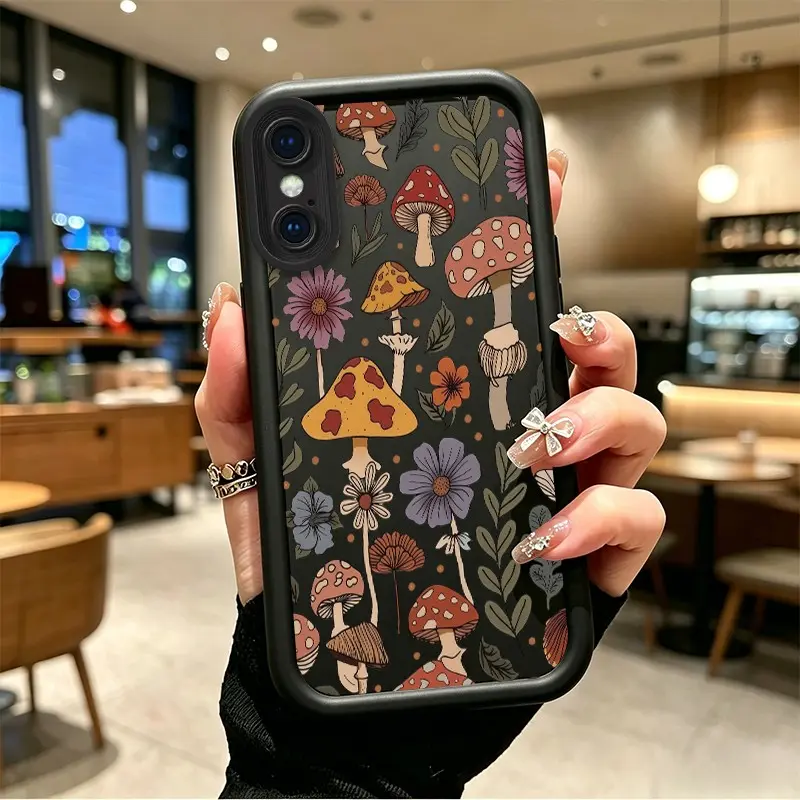 TPU Shockproof Handheld Cellphone Case for iPhone X/XS/XS Max, Whimsical Mushrooms & Floral Pattern, Full Cover Protection with Celestial Eye Layer, Button Resistance, BOJTNES5, Casing