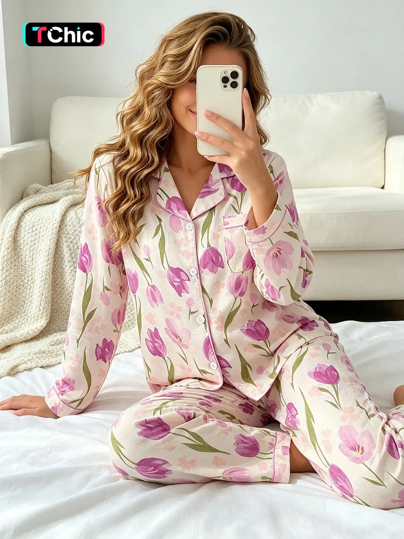 Women's Button Down Long Sleeve Top and Pants Pajama Set, Casual Home Loungewear, All Season Wear, Vintage Floral Purple Tulip Print, Retro Aesthetic, Timeless Casual Sleepwear for Women