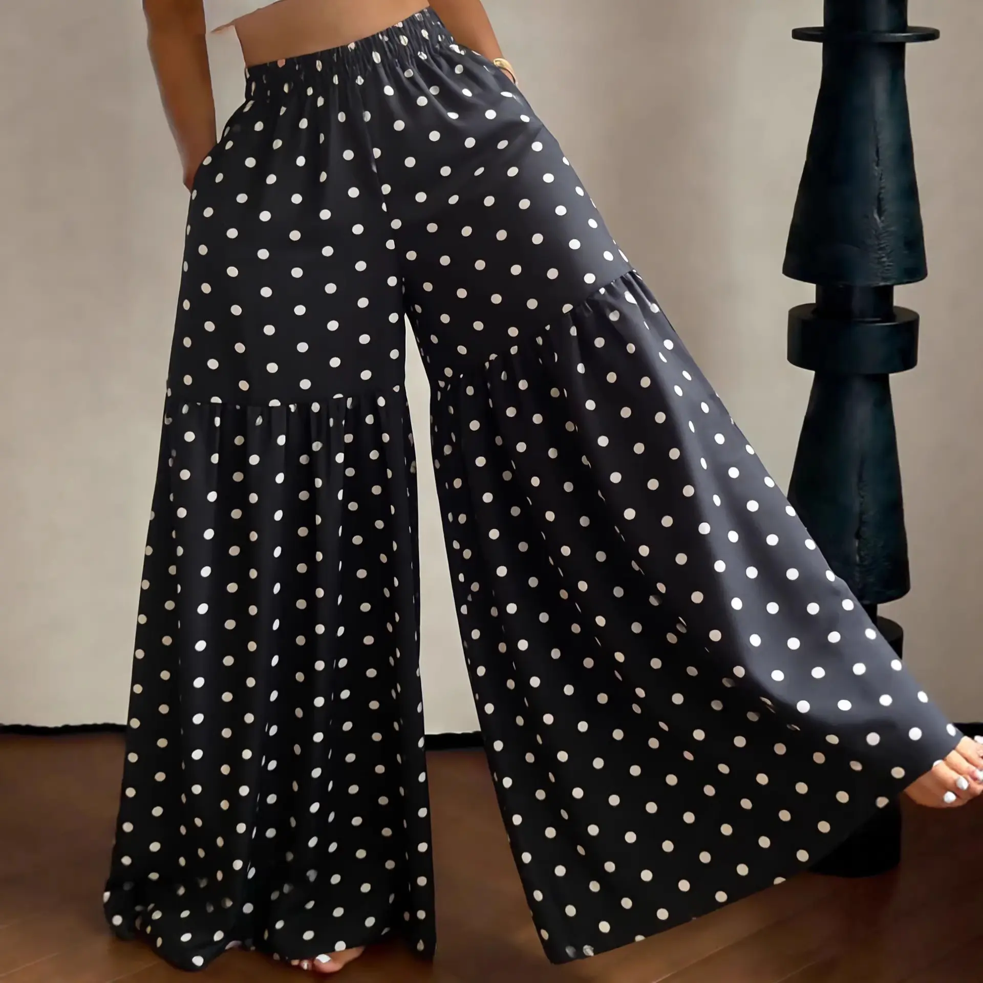 16 Colors Women Floral Print Flared Trousers Loose Waist Thin Fabric Wide Leg Flowy Versatile Casual Pants