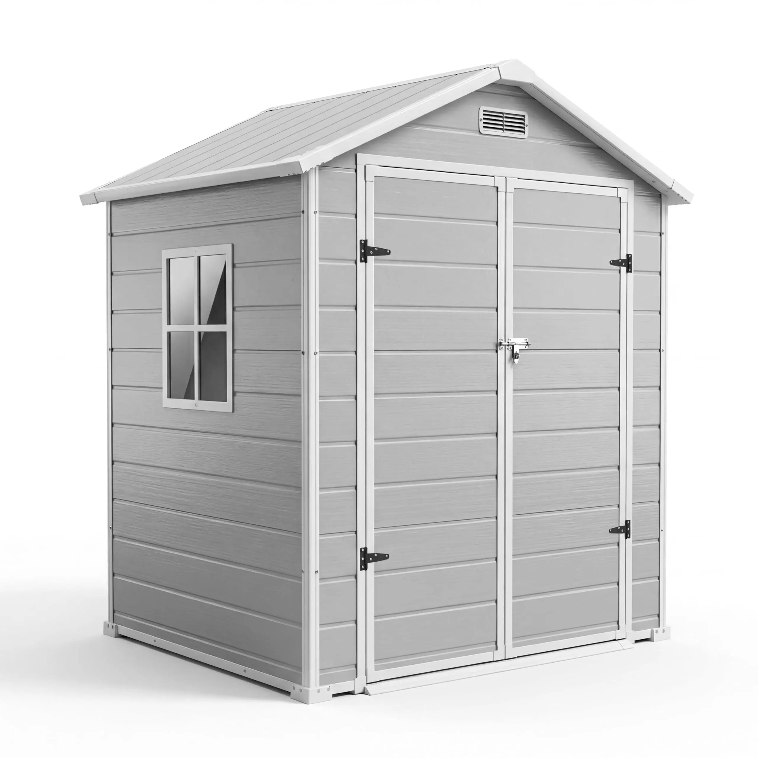 6x4Ft Plastic Outdoor Storage Shed with Floor & Window, Resin Garden Shed with Lockable Door, 2 Vents & Sloped Roof for Store Patio Furniture, Garden Tools, Beach Chairs and Lawn Mower, Grey