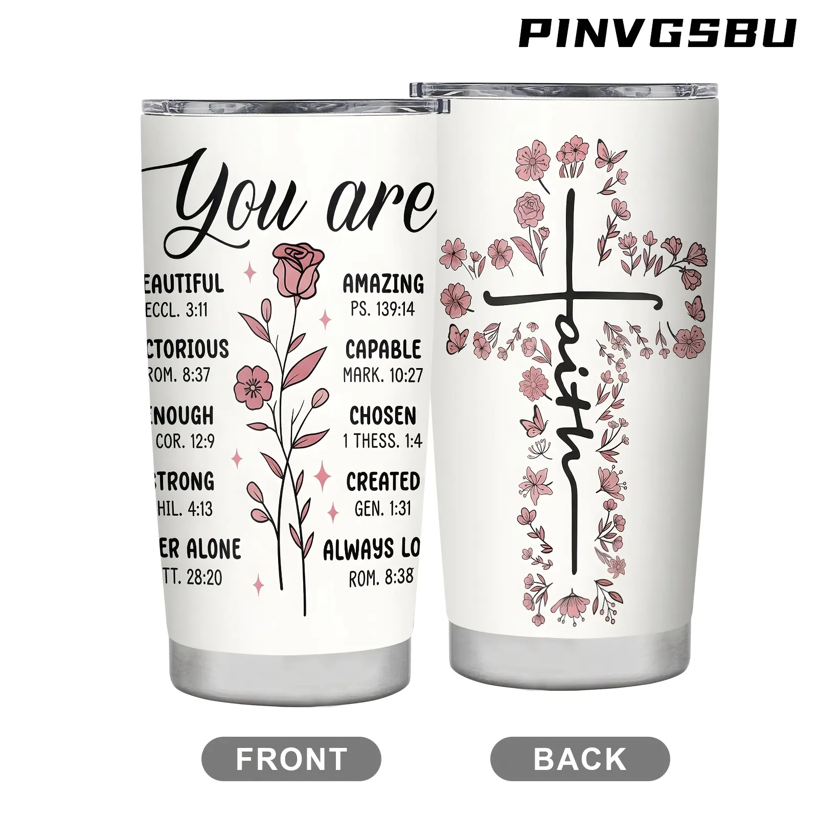 Women's 1pc 20Oz Christian Faith Stainless Steel Insulated Double-Wall Skinny Tumbler - Pink Floral Print Cross Bible Verse Drinkware, Inspirational Religious Gift for Kitchenware Use