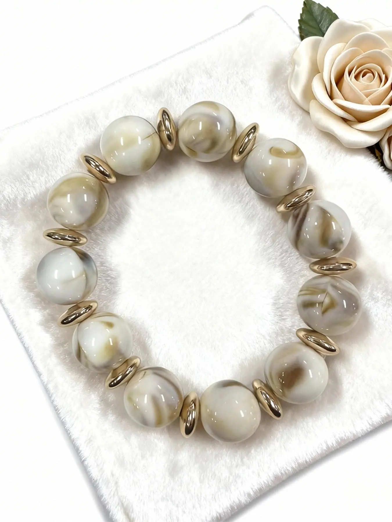 Acrylic Beaded Stretch Bracelet, Two-Tone Marble Pattern, Fashion Colorful Basic Jewelry, Stylish Accessory for Everyday Wear