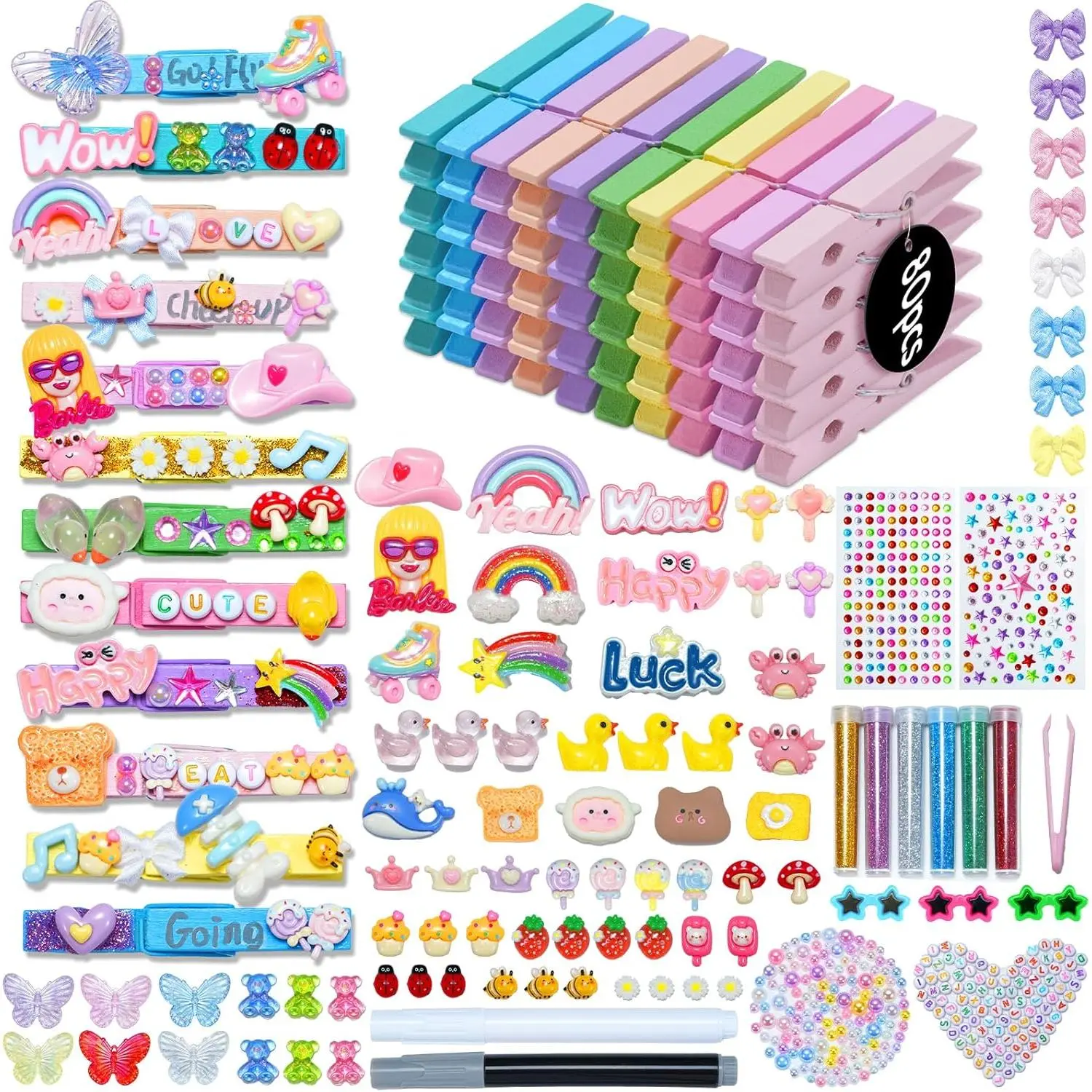 Sopito Cheer Pins - 80 Pcs Natural Wood Clothes Pins with Vibrant Mini Resin Charms, Bows, Stickers, Beads, Letters, Glue for Casual Daily Backpack Deco, Team Events (For Cheerleaders), Cheerful