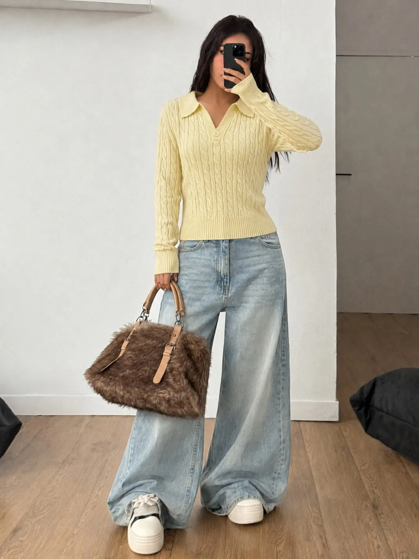 Women Preppy Vintage Cable Knit Pullover, Pale Yellow Polo Collar Half Button Slim Long Sleeve Cropped Daily Campus Sweater