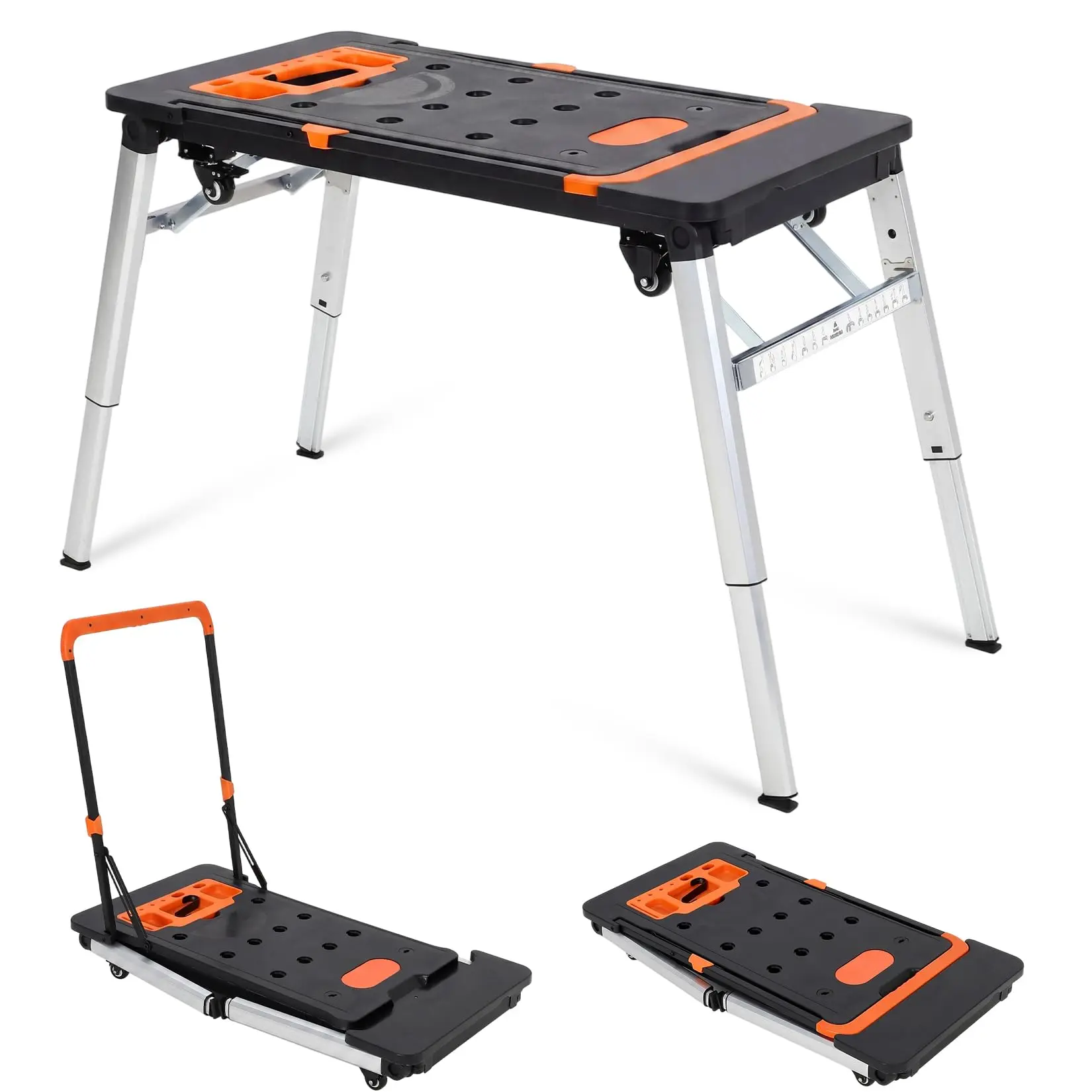 7-in-1 Multifunctional Folding Workbench & Work Table with Wheels, Portable Workstation Converts to Sawhorse, Low Work Platform, Dolly & Hand Truck for Garage, Jobsite, Woodworking & DIY