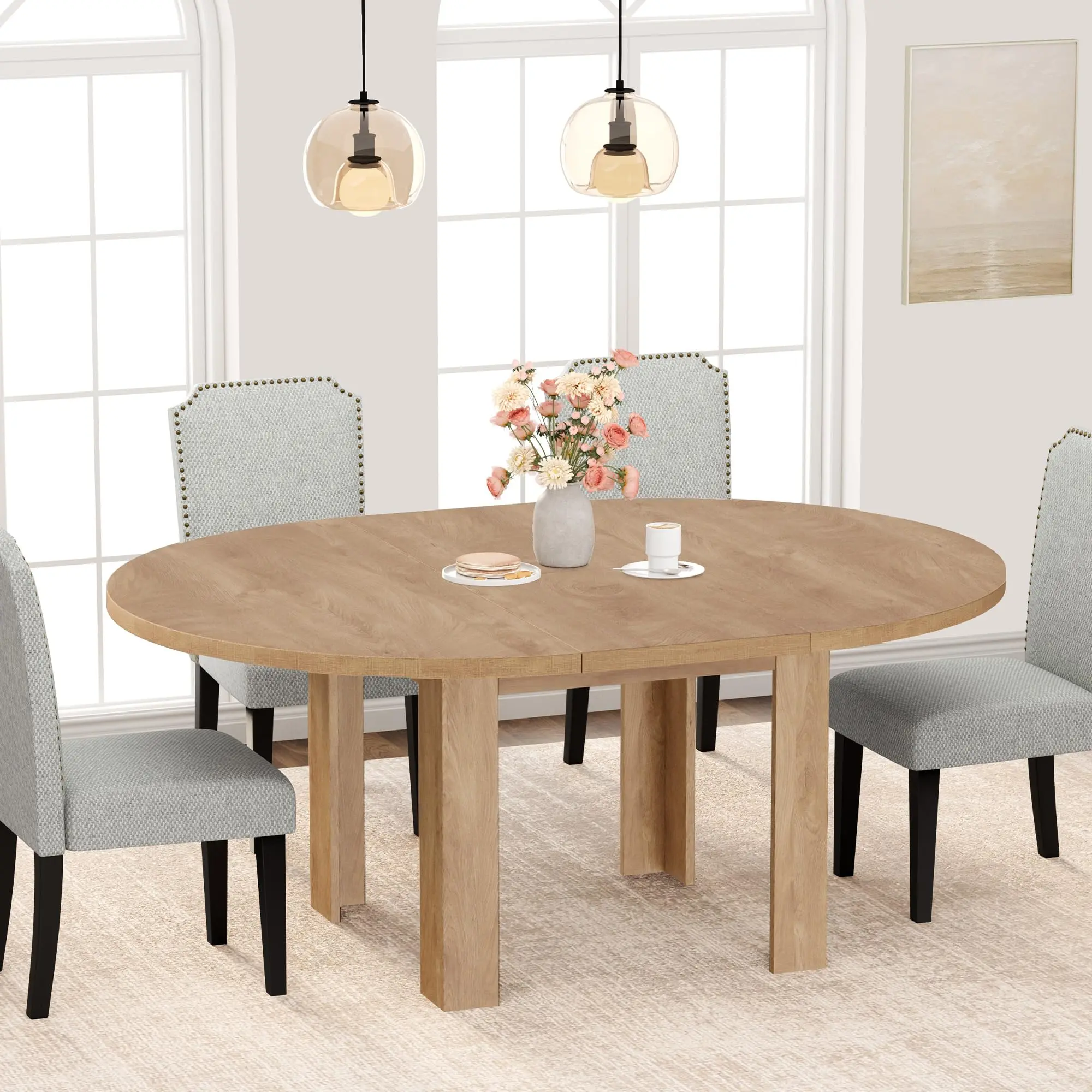 Space-Saving Extendable Dining Table for 4-6 – Modern Round to Oval Convertible Table with Built-In Leaf Storage – Sturdy Waterproof MDF – Ideal for Apartment, Office, Dinner Parties, or Home