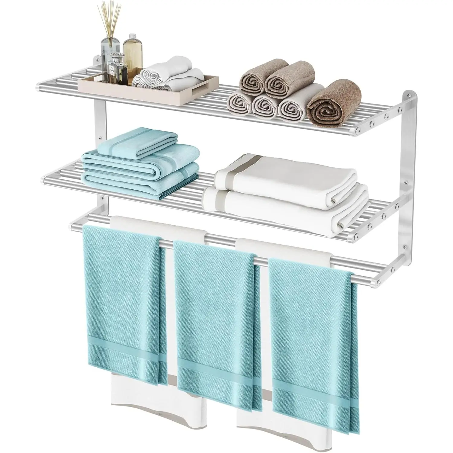 3 Tier Towel Racks for Bathroom Wall Mounted, 32 inch Bathroom Shelf with Towel Bar, Brushed Nickel Shelves for Towels, Stainless Steel Modern Silver Multi Holder