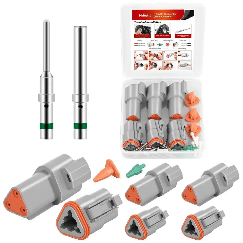 Nilight 3-Pin DT Connector Kit, 3 Sets Size 16 Solid Contacts Waterproof Male Female Terminal Set for 14-20 AWG DT Series Connectors