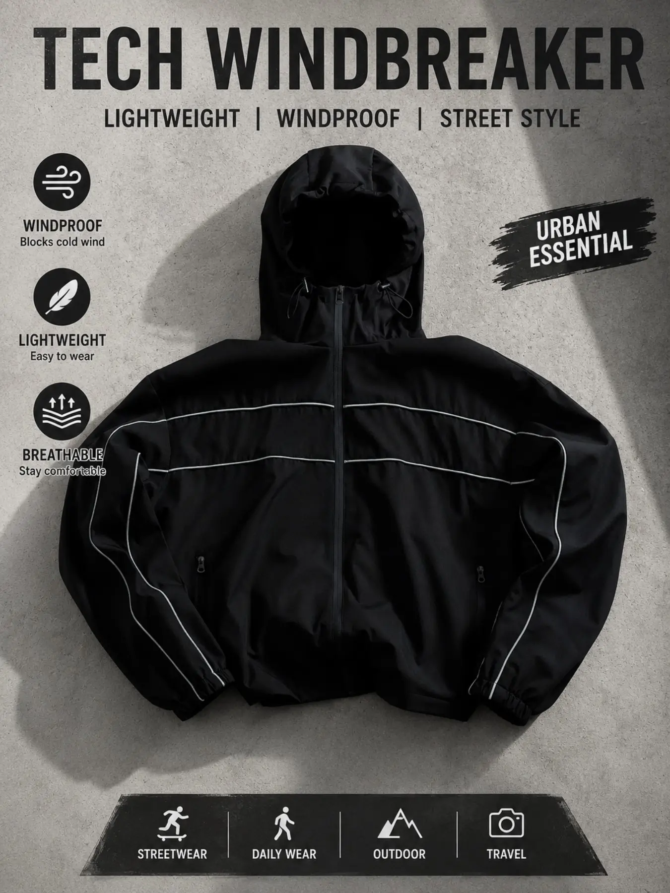Men's Reflective Hooded Windproof Sporty Jacket, Lightweight Breathable Outdoor Sports Coat, Street Running Hiking Parka, Running Jackets