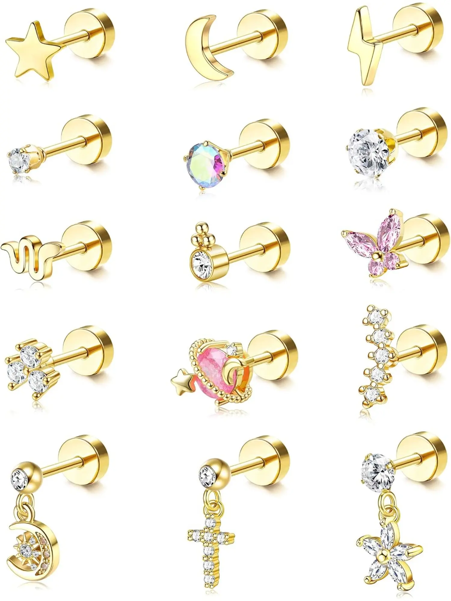 15Pcs Unisex 20G 316L Surgical Steel Flat Back Screwback Stud Earring Bundle, Cute CZ Opal Snake Moon Cross Butterfly Flower Dangle Nap Earrings For Tragus Cartilage Piercing Jewelry Women Men