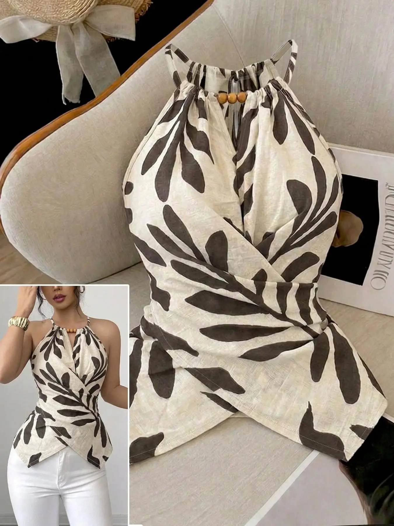 Boho Leaf Halter Tank Top, Breathable Summer Fashion Cross Back Slim Fit Sleeveless Shirt, Elegant Casual Wear for Daily Commute, Beach Vacation, Date Outing