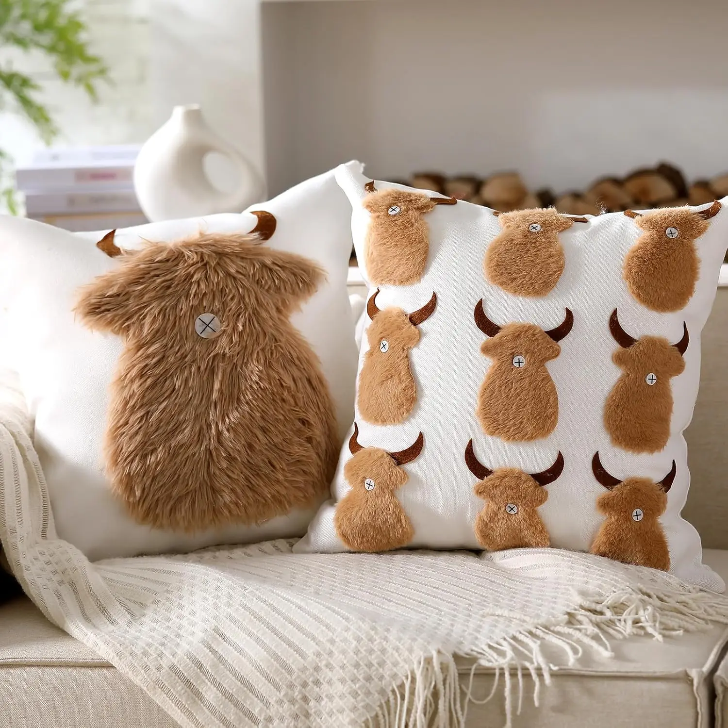18-in Embroidered Cow Pillow Covers Set of 2, Animal Motif Plain Weave Soft Plush Farmhouse Pillowcases, for Sofa Couch Living Room Home Decor & Cattle-Themed Gift