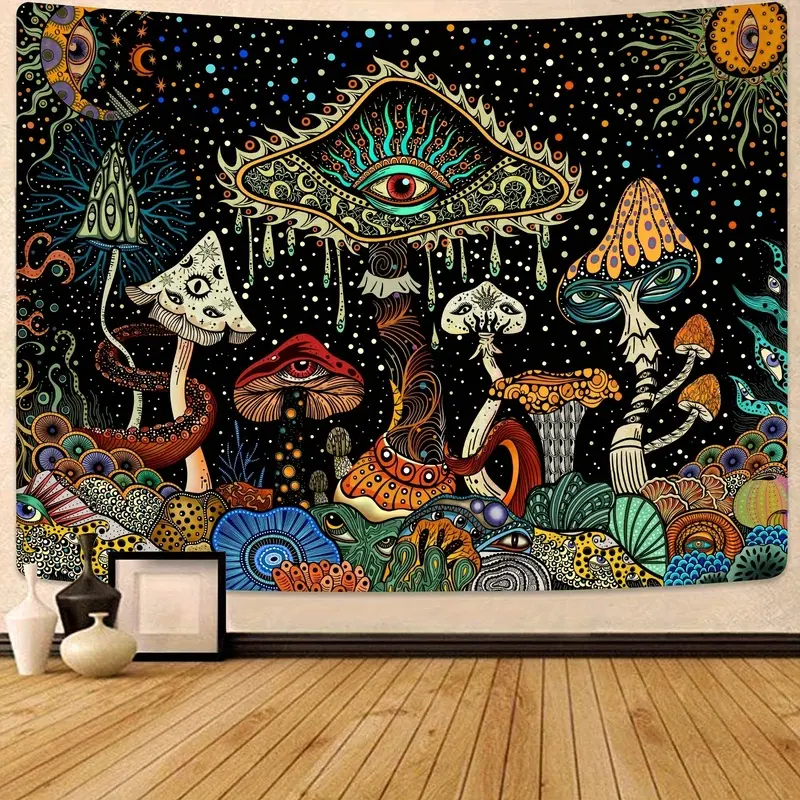 Psychedelic Mushroom & Evil Eye Tapestry, Trippy Celestial Wall Hanging, Hippie Style Decor, Perfect for Bedroom, Dorm and Living Room Personalized Wall Decor tapestry durable man bohemian tapestry wall banner decorative life home def tone Boho Floral