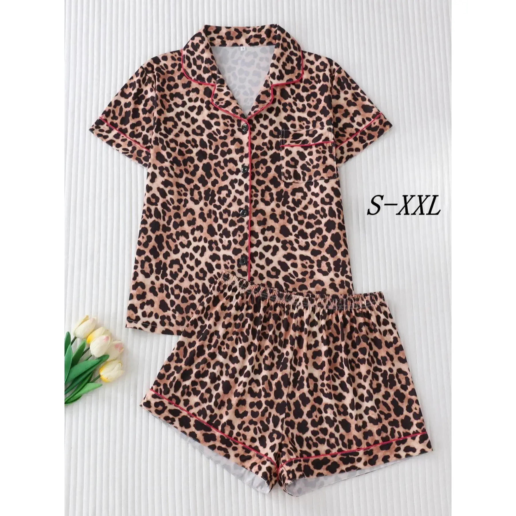 Women's Leopard Print Short Sleeve Pajama, Elegant Chic Button Up Lapel Neckline Top & Shorts Pyjama Set, Ladies Sleepwear for Summer, Loungewear, Womenswear, Homewear, Leopard Print Pajamas, Pyjamas Set, Pajamas Sets