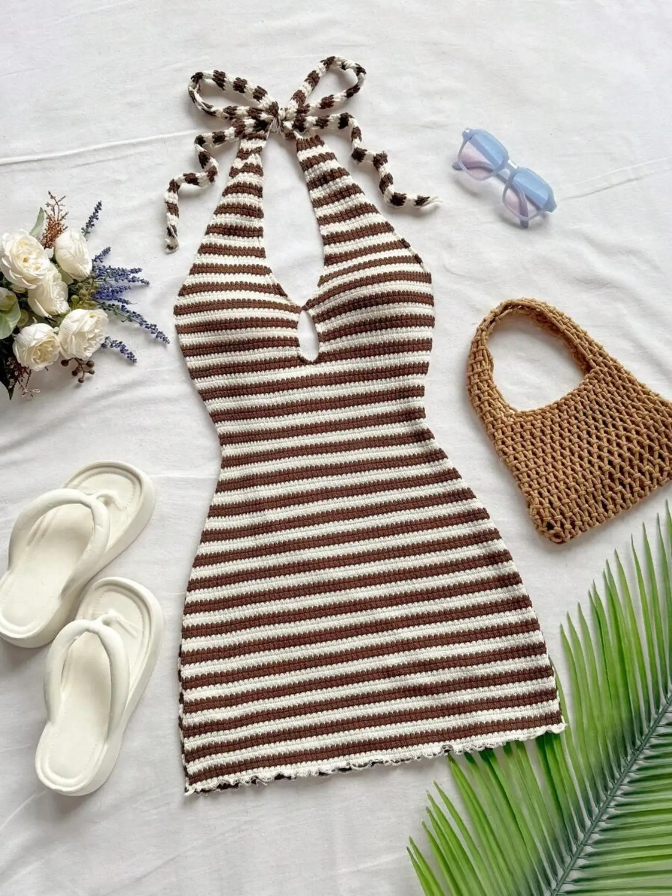Elegant Bohemian Style Mini Dress, Striped Off-Shoulder Sleeveless Tropical Summer Design, Perfect for Beach Weddings, Graduations, Music Festivals, Easter