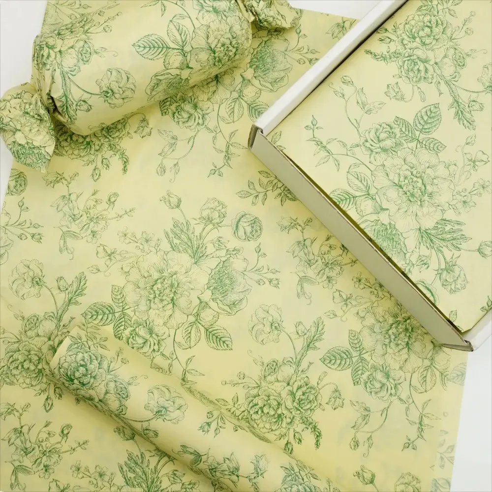 Green Rose Printed Light Yellow Tissue Paper 19.69×13.78 Inches - Vintage Floral Pattern Gift Wrapping Tissue Paper, Suitable for Birthdays, Weddings, Christmas Party Decorations, DIY Crafts, and Gift Box Filling