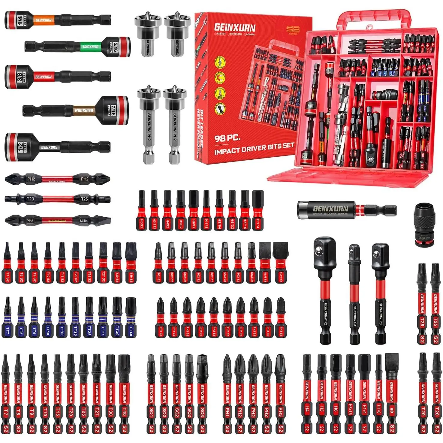 98Pieces 1"/2" Screwdriver Bits Set, S2 (/Slotted/Square/Torx/Hex/Security Torx) Driver Bits Tips,Bit Holder and Nut Driver with Red Box Case