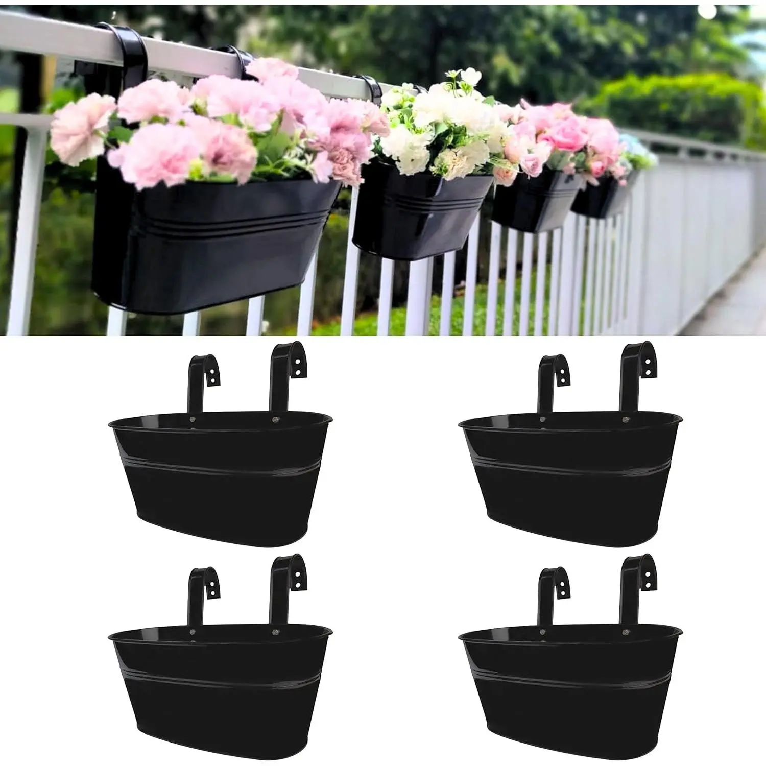 Outdoor Rail Planter (11.8 Inch, 4 Pack) Black Metal Iron Hanging Flower Pots Deck Railings Fence Buckets Modern Countryside Boho Style Wall Mount Window Box Plant Holder Hooks Porch Decor