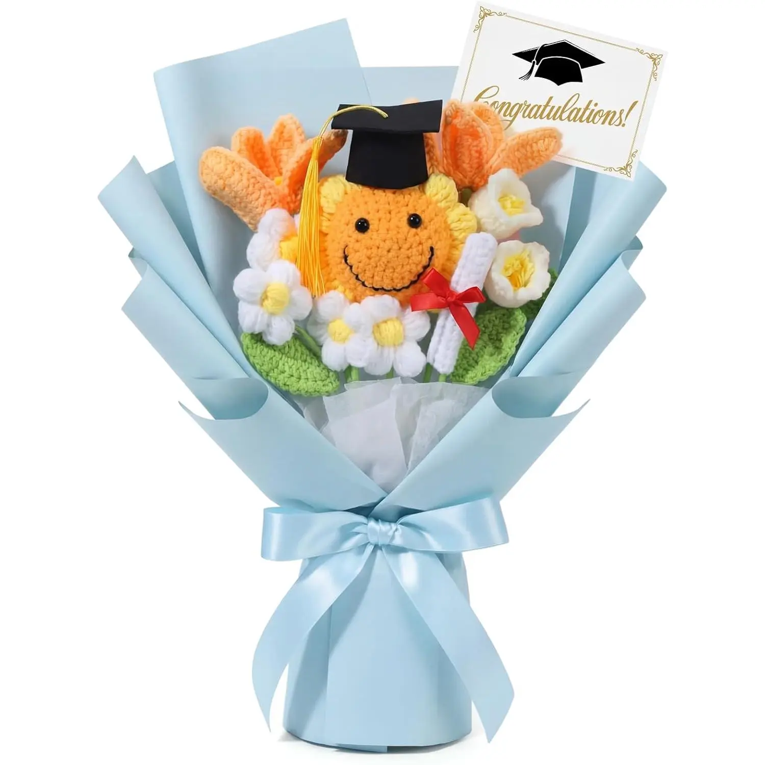 Dingion Handmade Crochet Graduation Flower Bouquet with Mortarboard, Sunflowers & Greeting Card - Class 2026 Photo Decor Gift for Her, Gift Giving Keepsake (Blue), Yarn Dyed