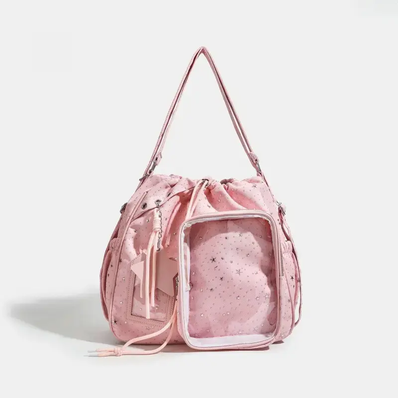 Star Pattern Ita Bag Crossbody Purse, Kawaii Clear Display Window Shoulder Bag with Star Pendant, Drawstring Mini Handbag for Girls, Y2K Anime Aesthetic Storage Bag for Cosplay, Back to School, Daily Wear & Travel