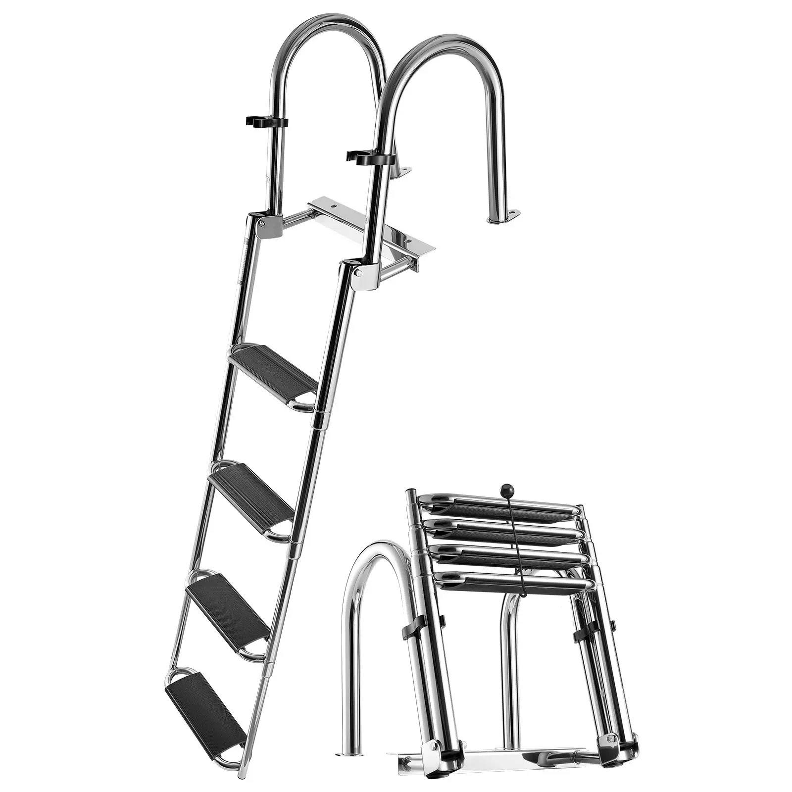 Boat Ladder, 4 Steps, Stainless Steel Telescoping Folding Swim Deck Ladder for Rear Entry Inboard, 600lbs Capacity with Extra Wide Anti-Slip Steps & Handrails, for Outboards, Yacht, Pontoon Boat
