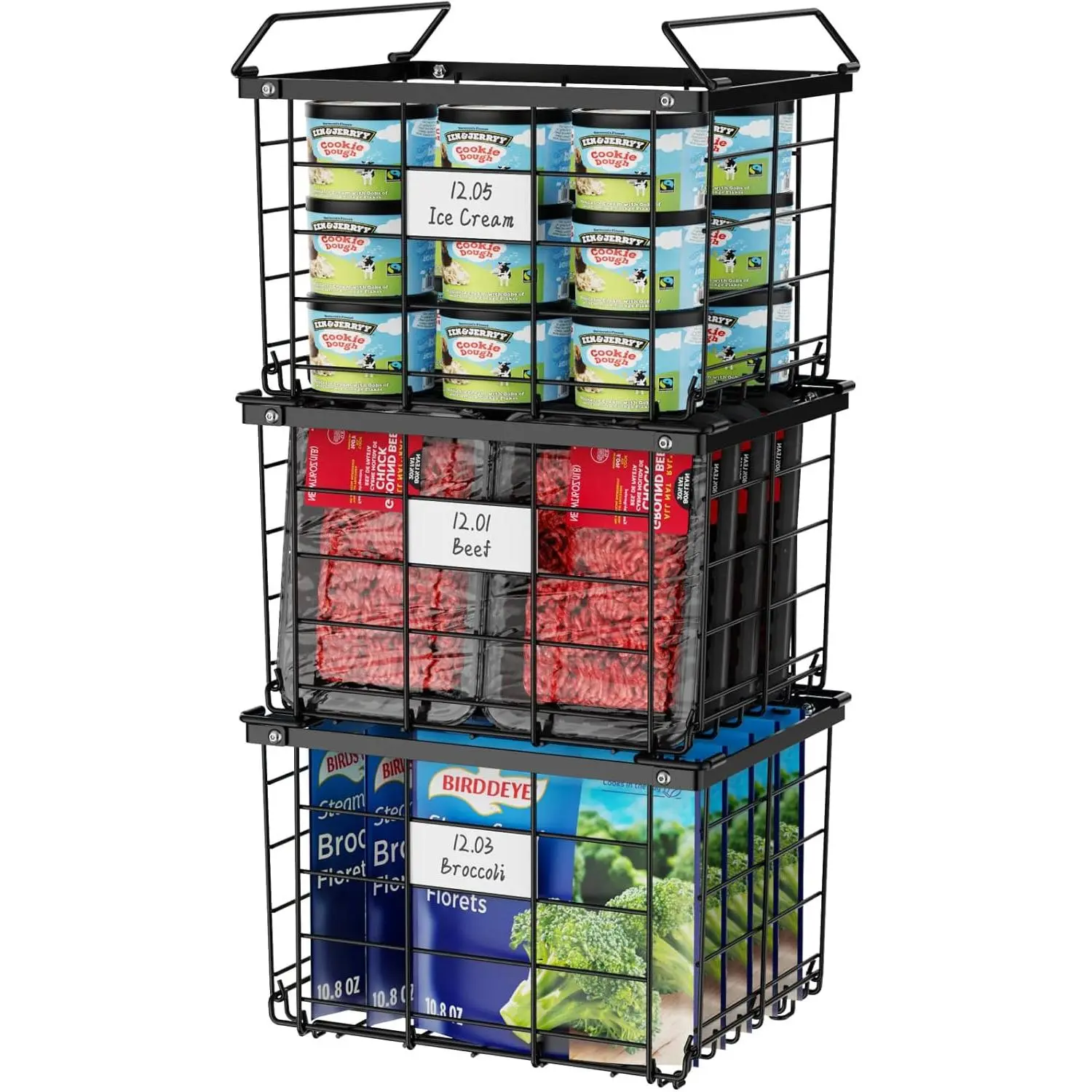 Stackable Bins Freezer Organizer - 3 Pack for 3.5 Cu.ft Chest Freezer, Easy Access Frozen Food Storage with Labels & Wire Handles, Daily Restock Use, Assembly Required