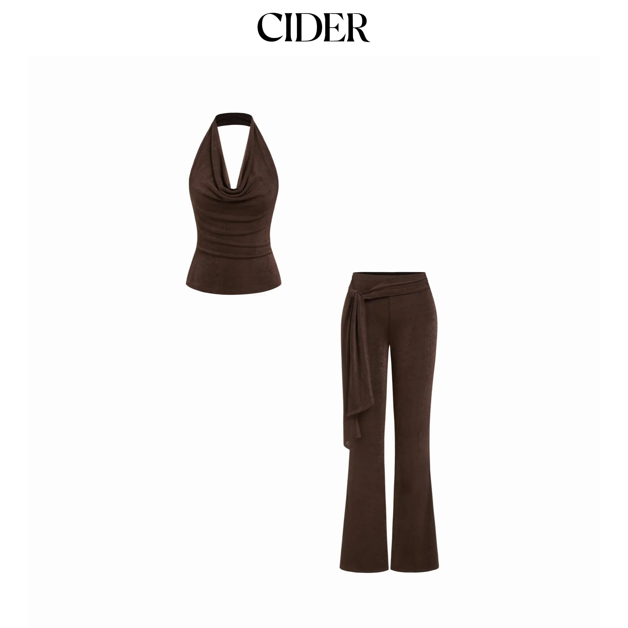 Cider Cowl Neck Ruched Top & Knot Asymmetrical Flared Trousers Set SohoChic