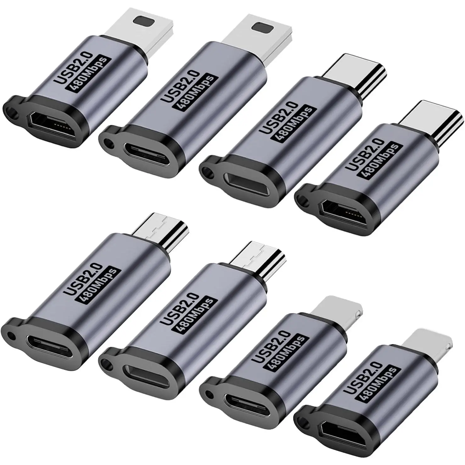 USB C to  USB/Mini USB/Lighting Adapter, Light-ning to USB C/ USB Converter,  USB 2.0 to Type C/Lighting/Mini USB Connector (8 Pack)