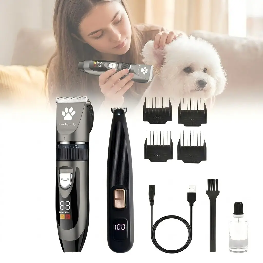 Luxury Pet Electric Clipper and Foot Trimmer Set, Low Noise LCD Display, Professional Grooming Tool for Dogs and Cats, Poodle Grooming Kit