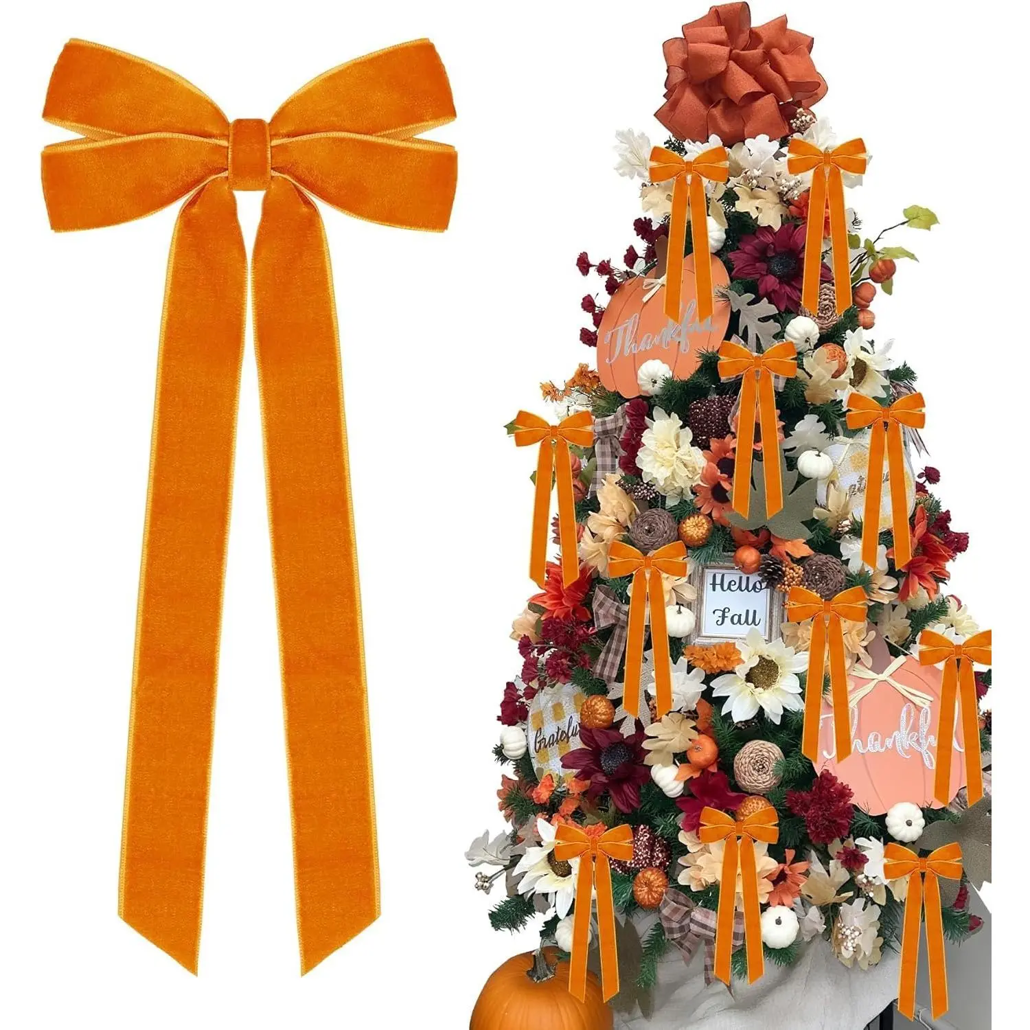 12Pcs Soft Velvet Ribbon Bows, Large 5x10" Fall Tree Decorations, Warm Texture Gifts for Christmas, Thanksgiving Party Home Front Door Wreath Holiday Decor (Orange)