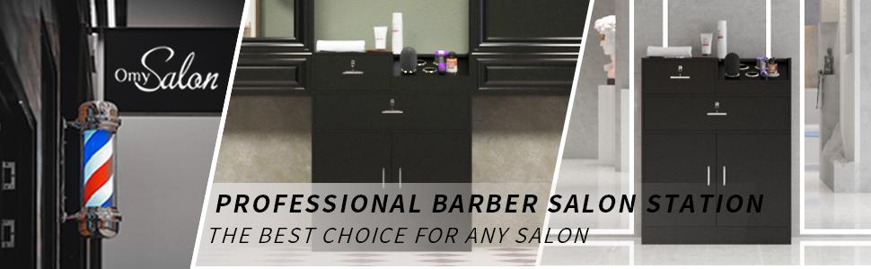 OmySalon Salon Storage Cabinet with Lock, Beauty Barber Salon Styling Station Organizer Equipment,Hair Stylist Station with 5 Hair Dryer Holders,Two Drawers,One Cabinet