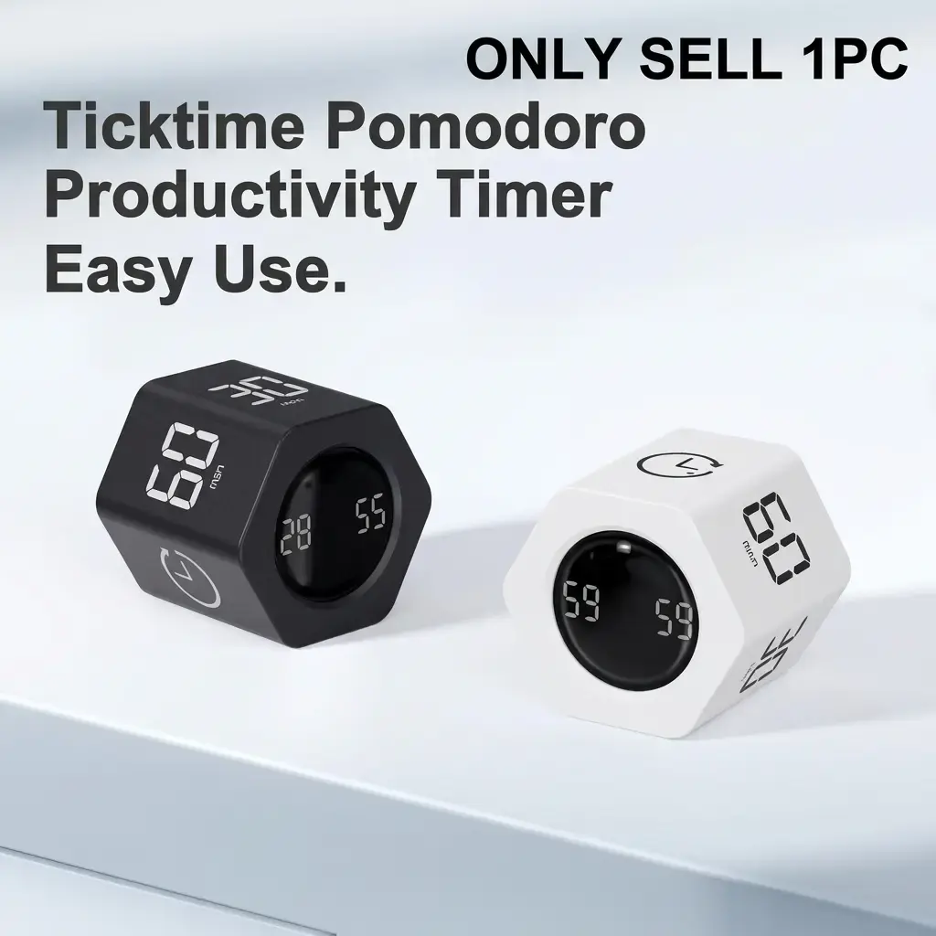 Ticktime Pomodoro Productivity Timer Cube, Hexagon Flip Clock, Pause & Resume, Mute & Adjustable Sound Alert, for Work, Office, ADHD, Study, Task, 1/5/10/30/60/min & Custom Countdown